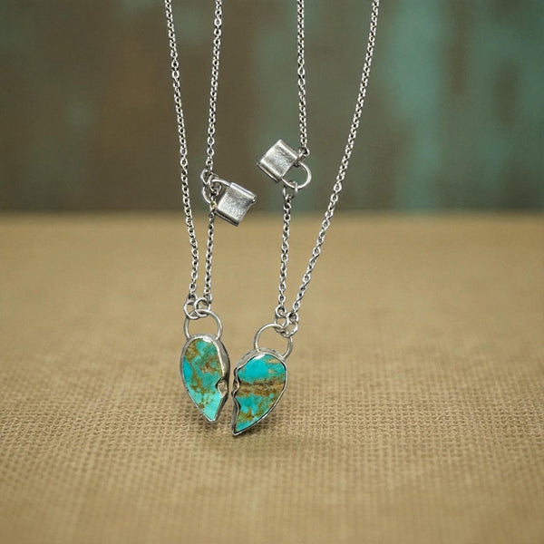 Kingman Turquoise Broken Heart Necklace – Sterling Silver Bestie Set