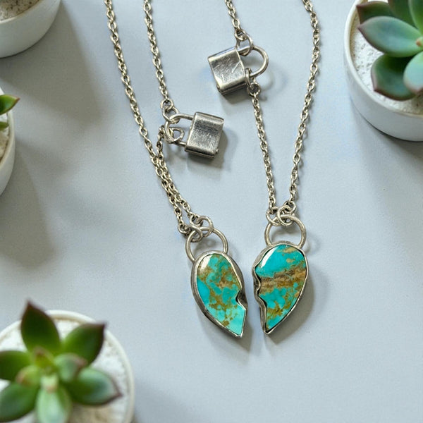Kingman Turquoise Broken Heart Necklace – Sterling Silver Bestie Set